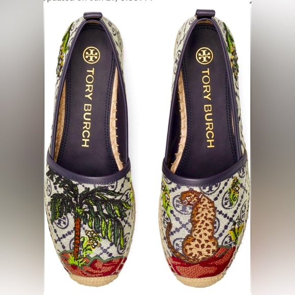 NIB- Tory Burch T Monogram Platform Embroidered Espadrille Cheetah - Picture 1 of 8